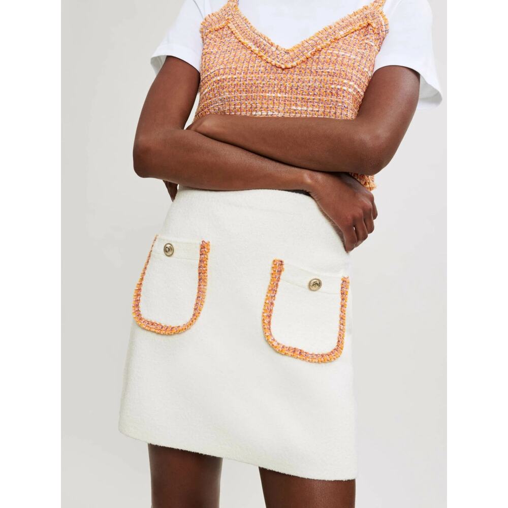 Maje Women's Jisal Knit Mini Skirt Sz 40 L Ivory Ecru Orange Boucle Gold Buttons